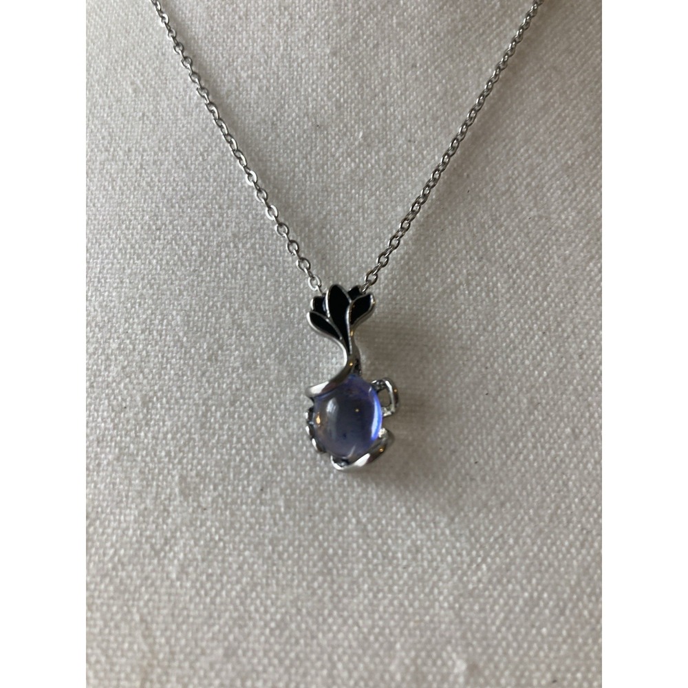 Silver Tone Black Enamel Tulip Pendant Necklace Purple Iridescent Cabachon